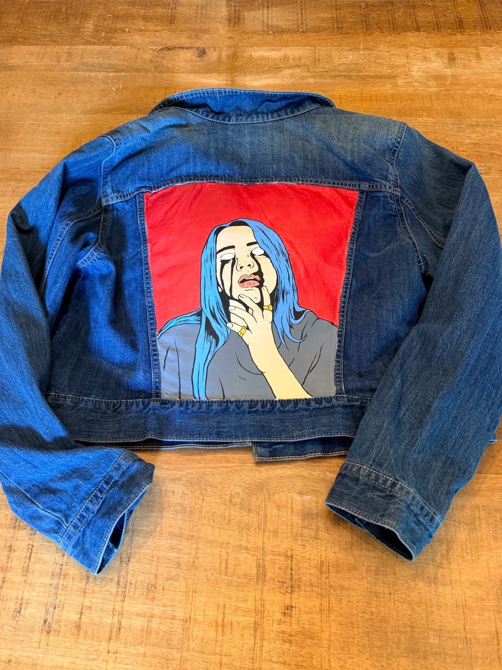 a.n.a Blue Denim Jean Jacket Indigo hand painted Billy Eilish women’s size XXL